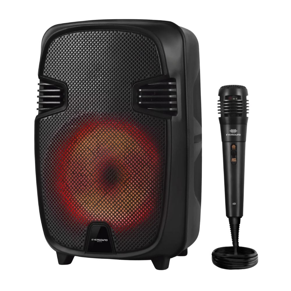 Parlante de torre bluetooth Eversound LED multicolor, batería recargable, radio FM, USB, micro SD, entrada para micrófono, negro