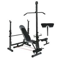 Banca multifuncional con sistema de polea, estructura robusta, ideal para entrenamiento de fuerza, negro