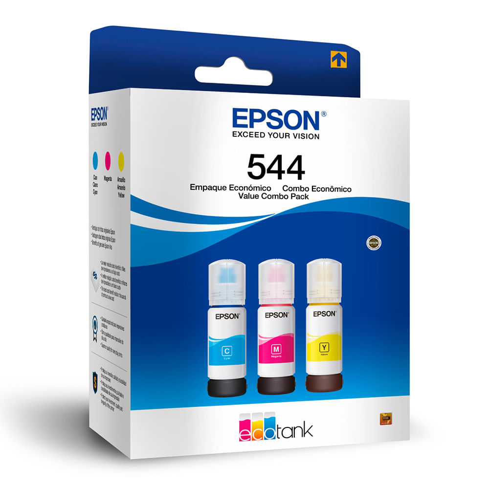 Pack de 3 botellas de tinta Epson T544 Cmy rinde hasta 7500 páginas a color