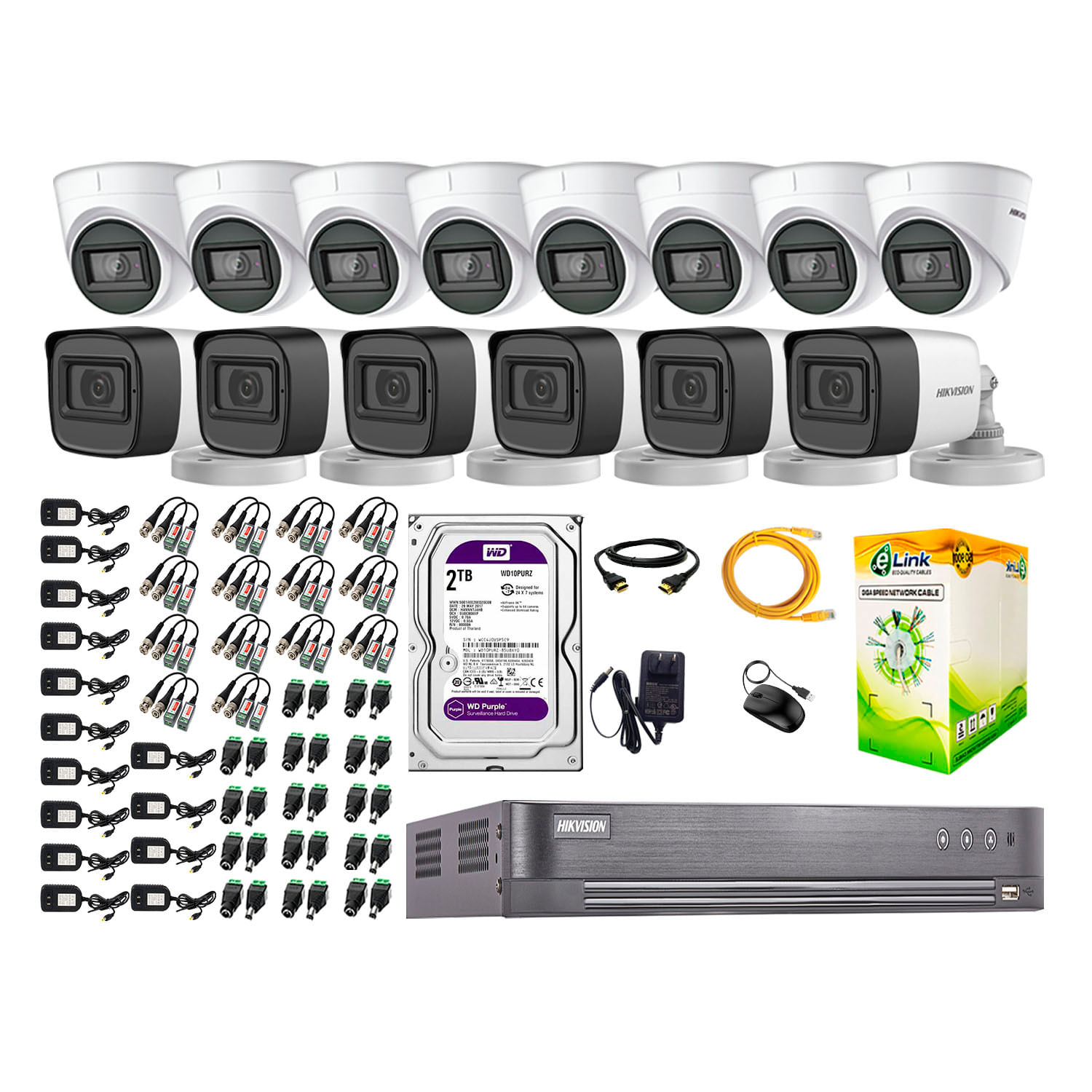 Kit de seguridad Hikvision 14 cámaras, 5MP, audio incorporado, P2p + disco duro 2tb, blanco