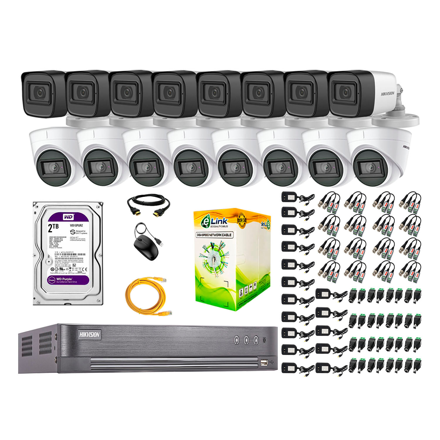 Kit de seguridad Hikvision 16 cámaras, 5MP, 1 cable de red, P2p + disco duro 2tb, blanco