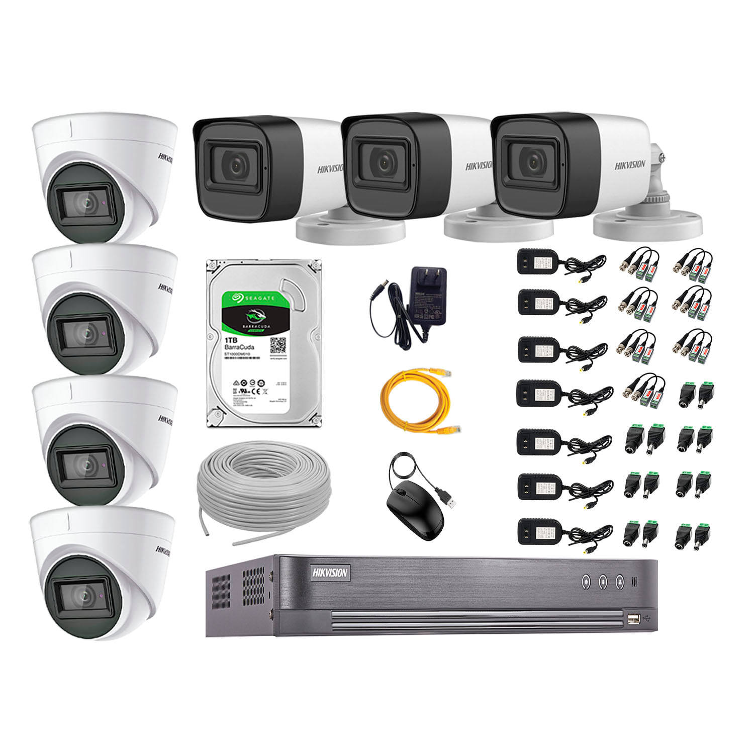 Kit de seguridad Hikvision 7 cámaras, audio incorporado completo, Dvr, P2p + disco duro 1tb, blanco