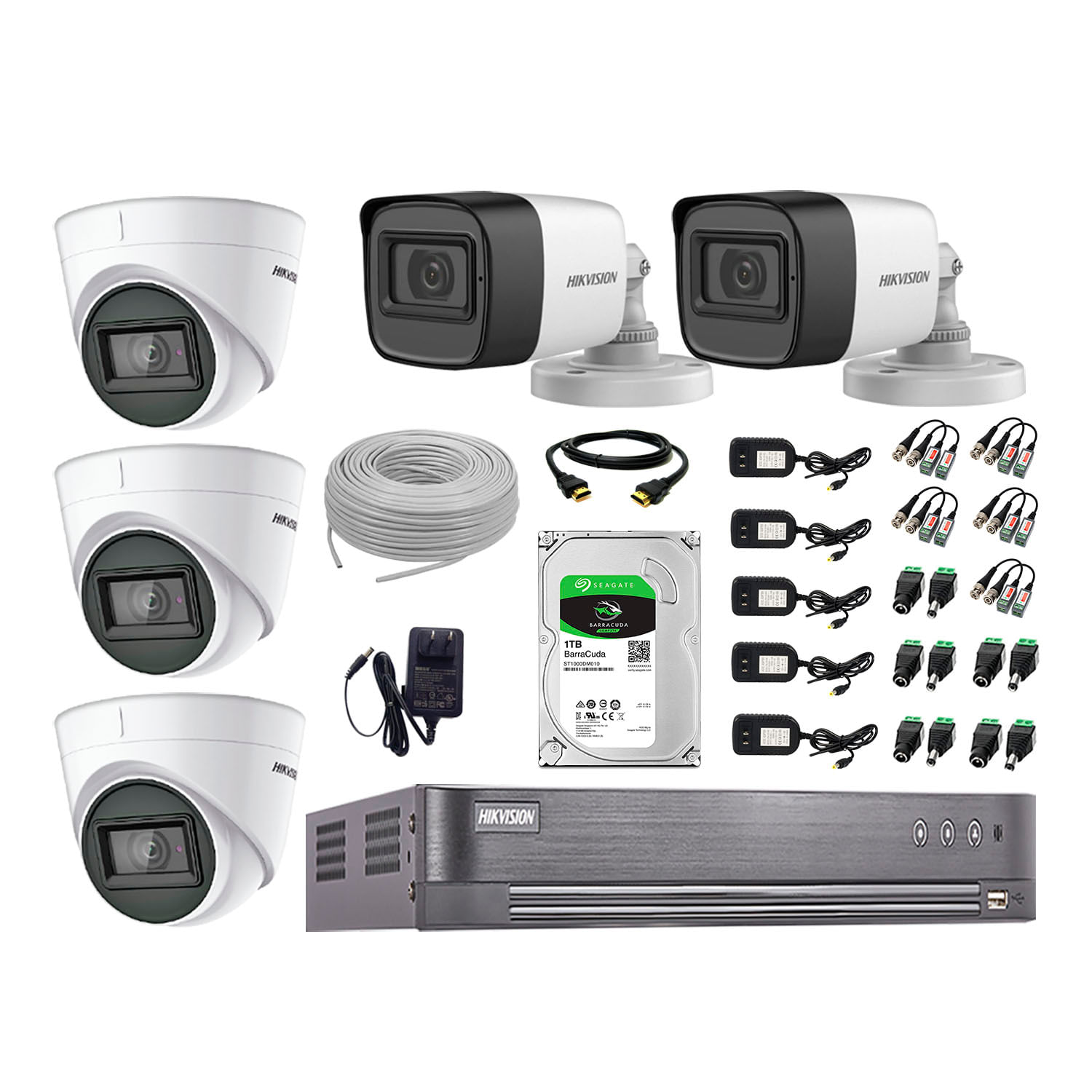 Kit de seguridad Hikvision 5 cámaras, cable HDMI, audio incorporado, P2p + disco duro 1tb, blanco