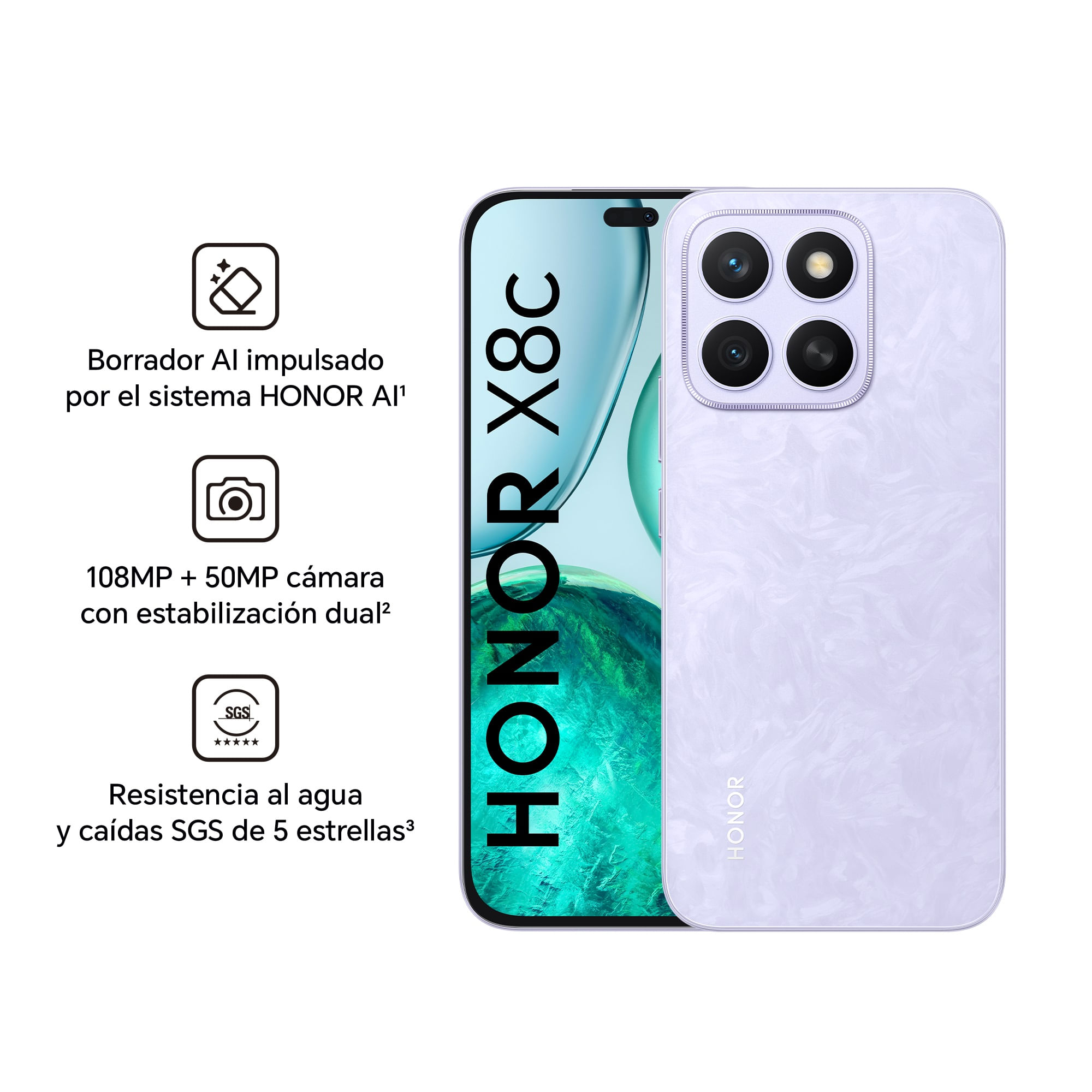 Imagen 2 del producto Celular Honor X8c 4G, 256GB, 8GB RAM, cámara trasera 108MP y frontal 50MP, morado
