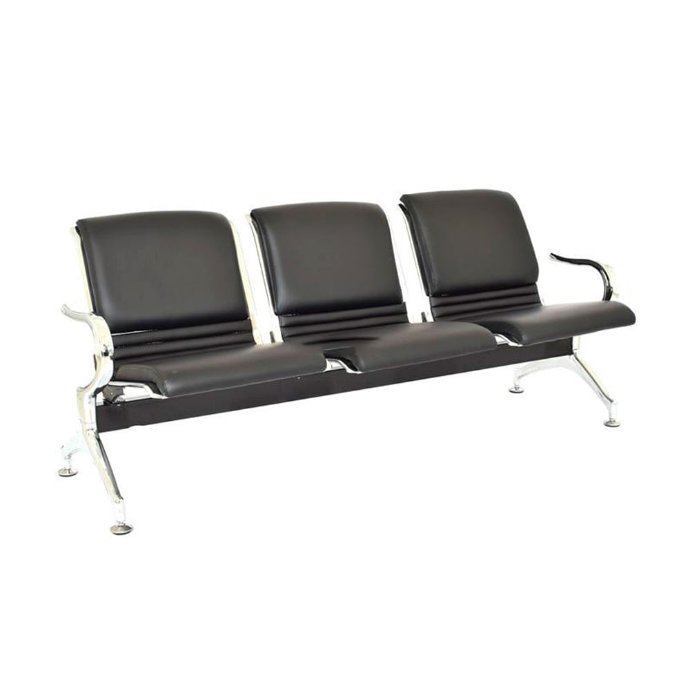 Butaca de espera tándem 3 cuerpos, estructura de acero cromado, tapizado en cuerina, negro