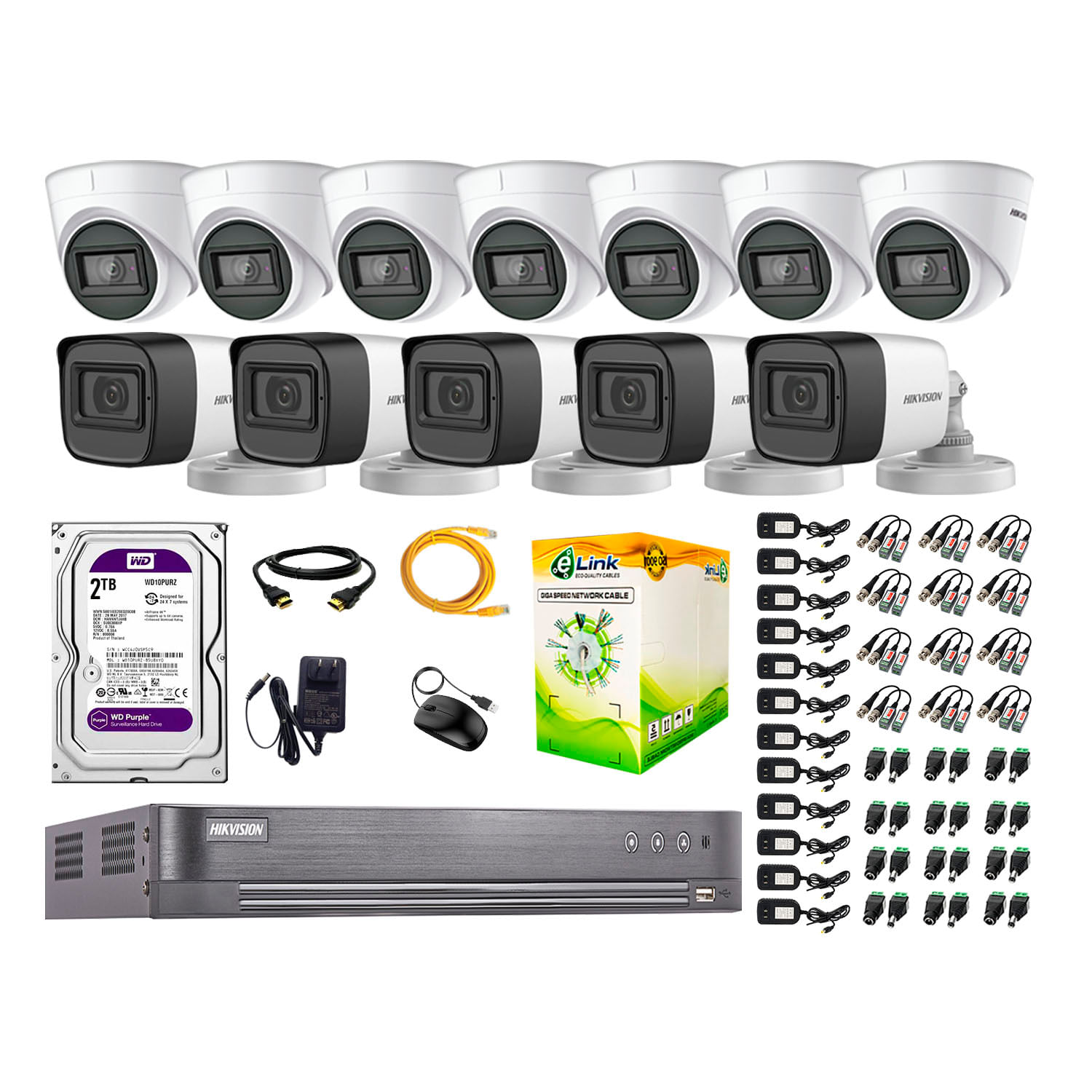 Imagen 1 del producto Kit 12 cámaras de seguridad, Hikvision 5mp con audio, videovigilancia , dvr 16 canales, accesorios completos, blanco