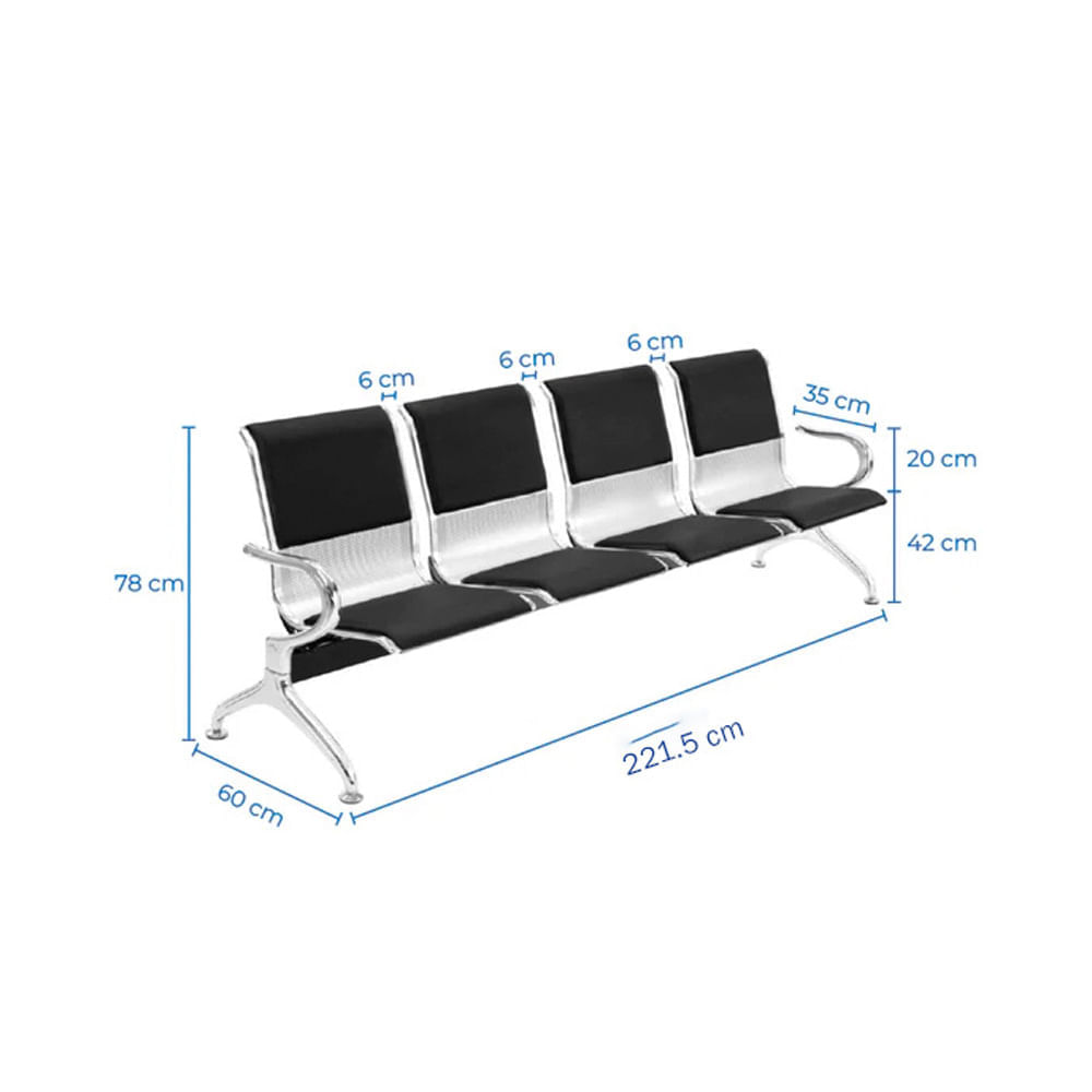 Imagen 2 del producto Butaca de espera tándem 4 cuerpos, semi tapizada, acero cromado, niveladores ajustables, negro
