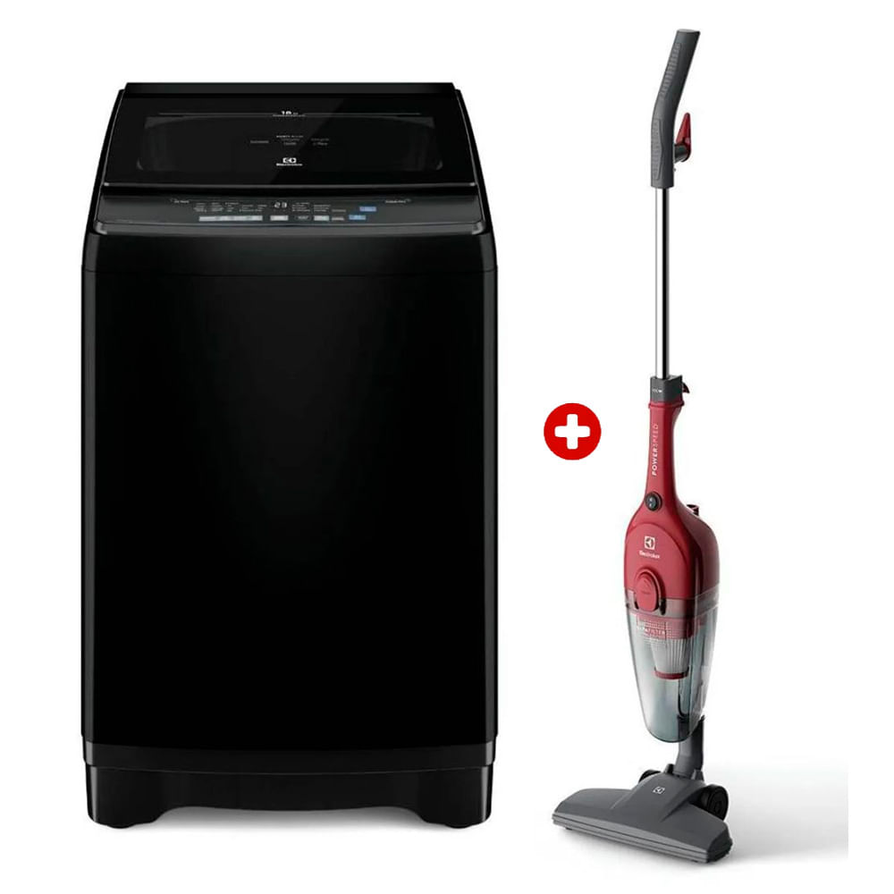Combo Electrolux: Lavadora EWIP18F2XSWB, capacidad 18kg, negro + Aspiradora vertical con cable STK13, rojo