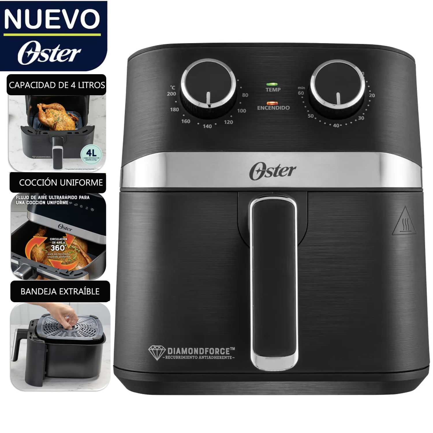 Imagen 2 del producto Freidora de aire Oster Diamondforce CKSTAF401MDF 1260w, 4 litros, panel manual, negro