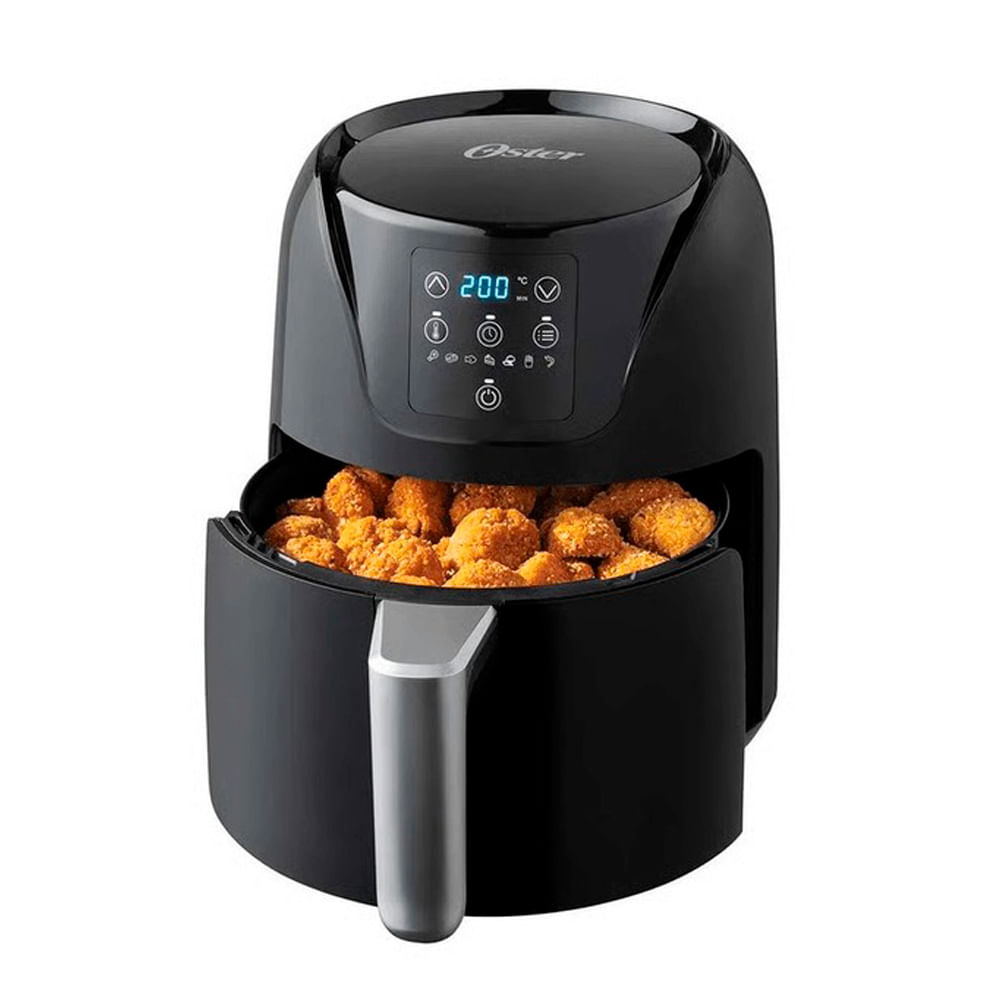 Freidora de aire Oster CKSTAF40DDF 1500W, capacidad 4 litros, bandeja extraíble, panel digital, negro