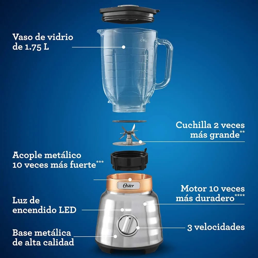 Imagen 2 del producto Licuadora Oster BLSTPBR 1500w, 2 velocidades, vaso de vidrio 1.75 litros, plateado