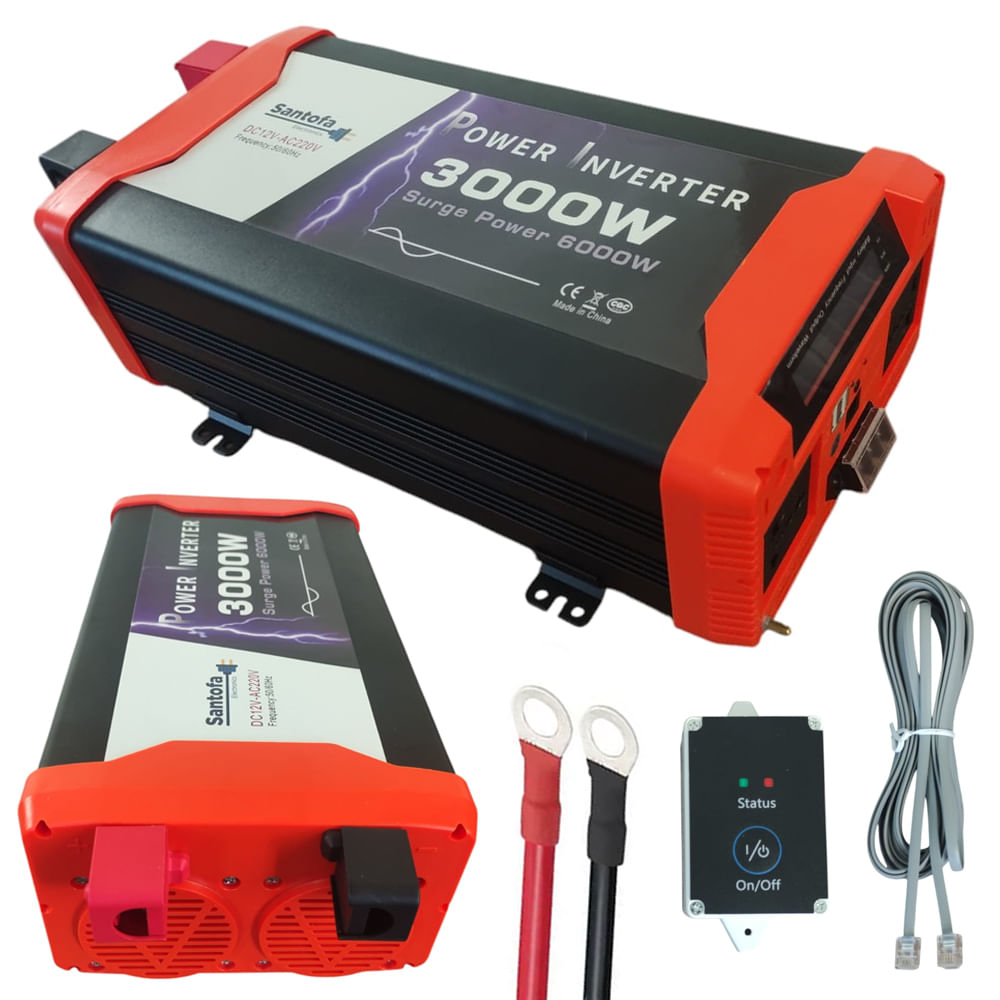 Inversor de corriente 12V a 220V, 3000W, 2 puertos USB, 2 sockets, onda senoidal pura