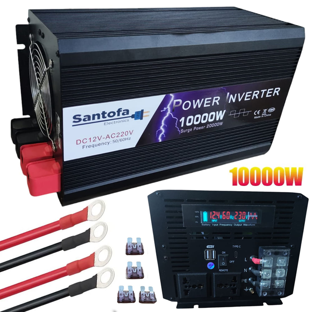 Inversor de corriente 12V a 220V, 10000W con 2 puertos USB, 1 puerto USB-C, 2 sockets, negro