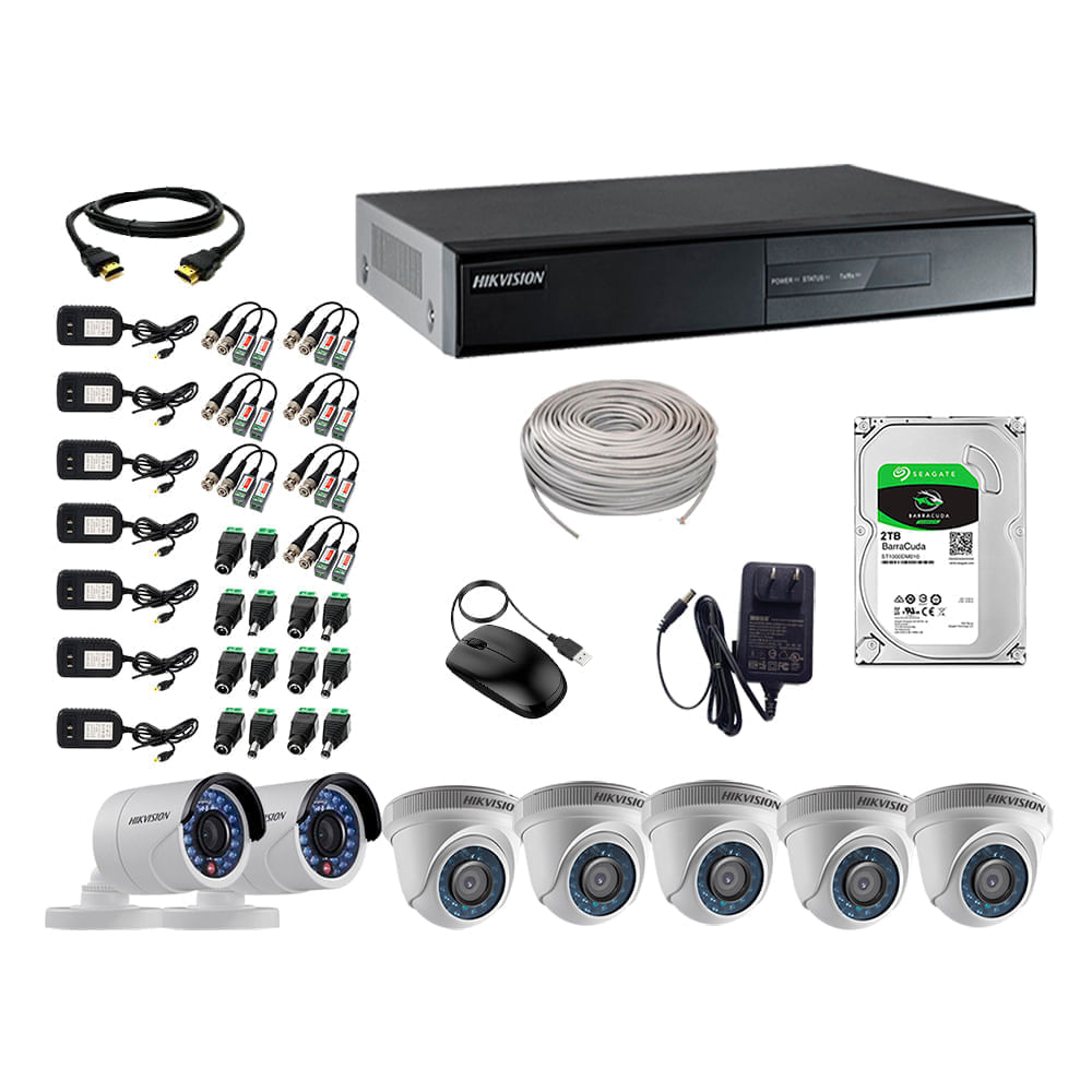 Cámaras seguridad, kit 7 Hikvision full HD 1080p + disco 2TB completo, blanco