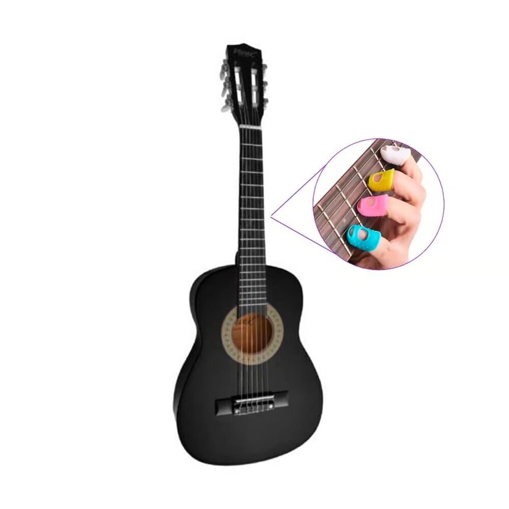 Guitarra clásica para niños, protector de dedos, acabado brillante, negro
