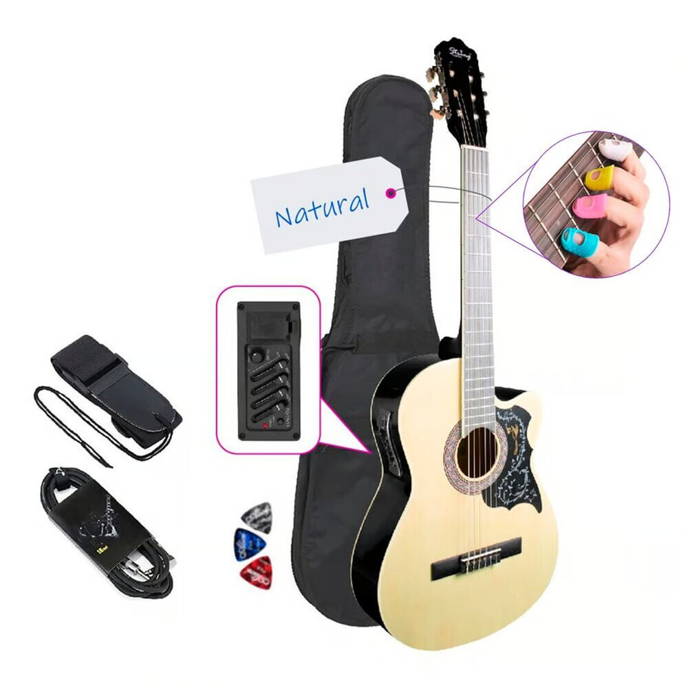 Guitarra electroacústica, standar adulto 39", sonido clásico, nylon natural