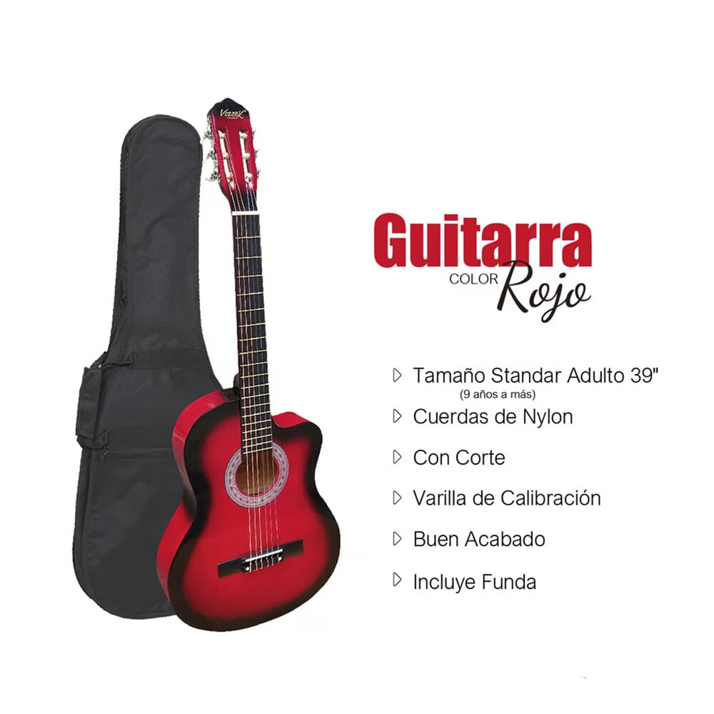 Imagen 2 del producto Guitarra acústica, Vozzex, plumillas, standar adulto 39"", nylon, roja