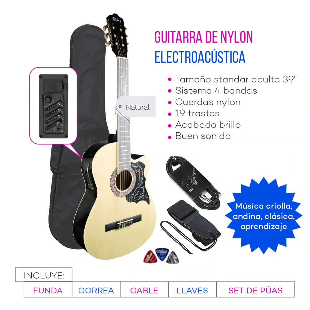 Imagen 2 del producto Guitarra electroacústica metal natural, llave de calibración, sonido clásico