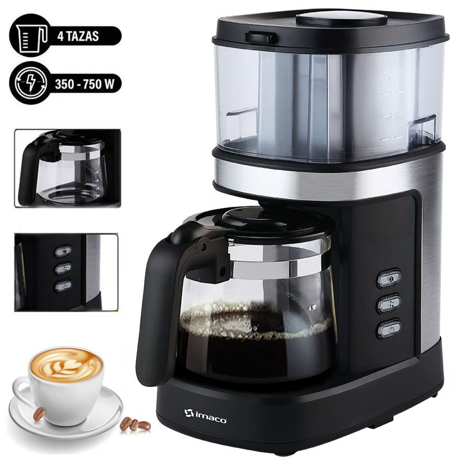Imagen 2 del producto Cafetera con moledor de café Imaco ICMG4070 750W, capacidad 4 tazas, negro