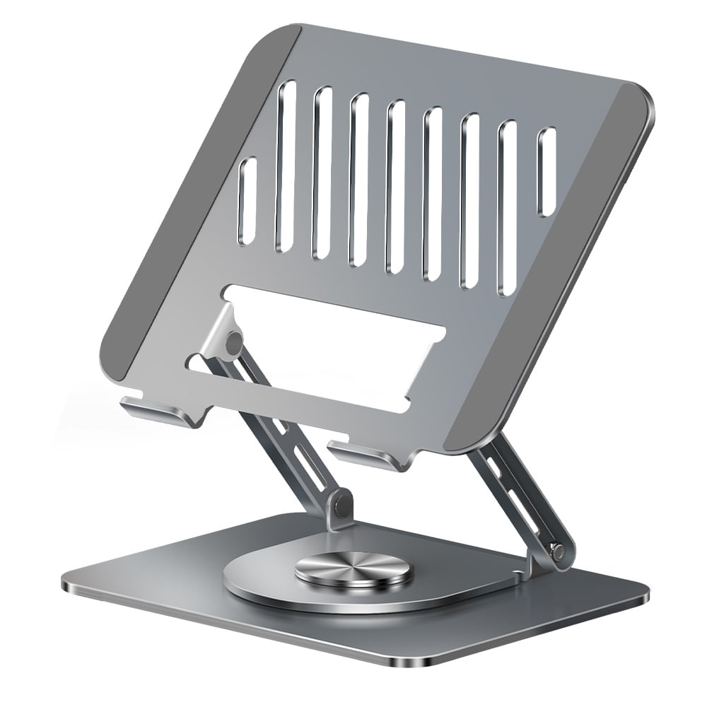 Soporte para laptop Coolbox Teraware 17", abatible y rotatorio 360°, diseño ergonómico en aluminio plateado, base estable y antideslizante, plateado