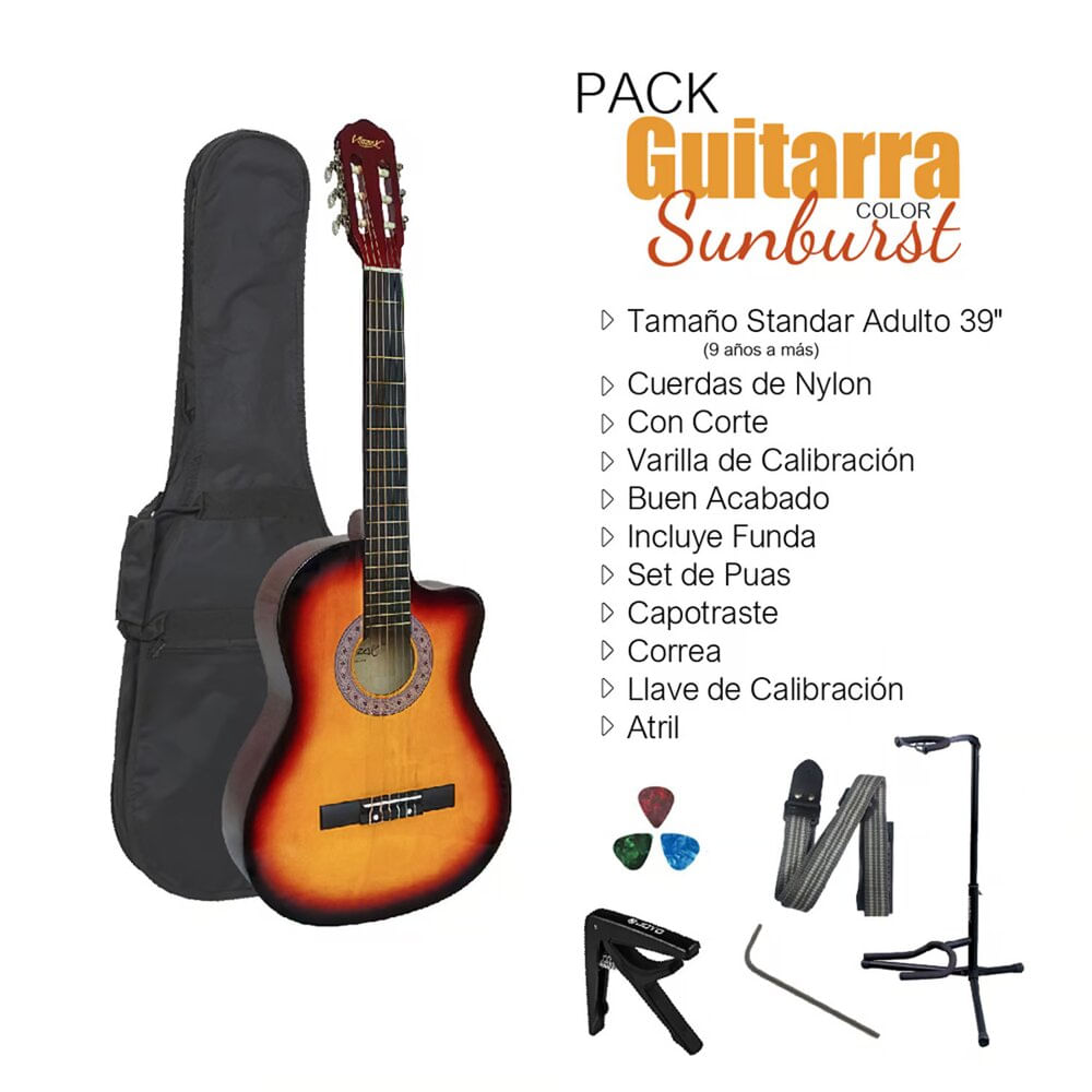 Imagen 2 del producto Pack de guitarra acústica Vozzex, nylon, Sunburst, set de protectores de dedos