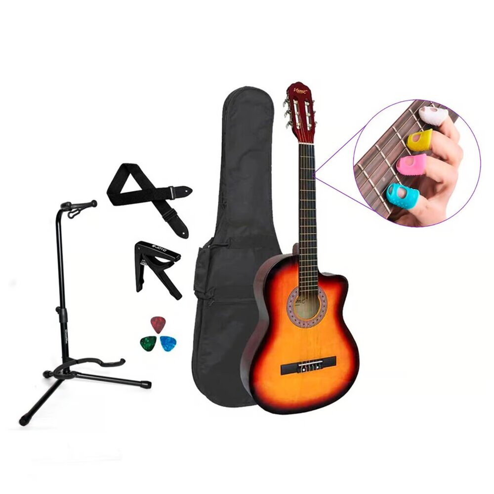 Pack de guitarra acústica Vozzex, nylon, Sunburst, set de protectores de dedos