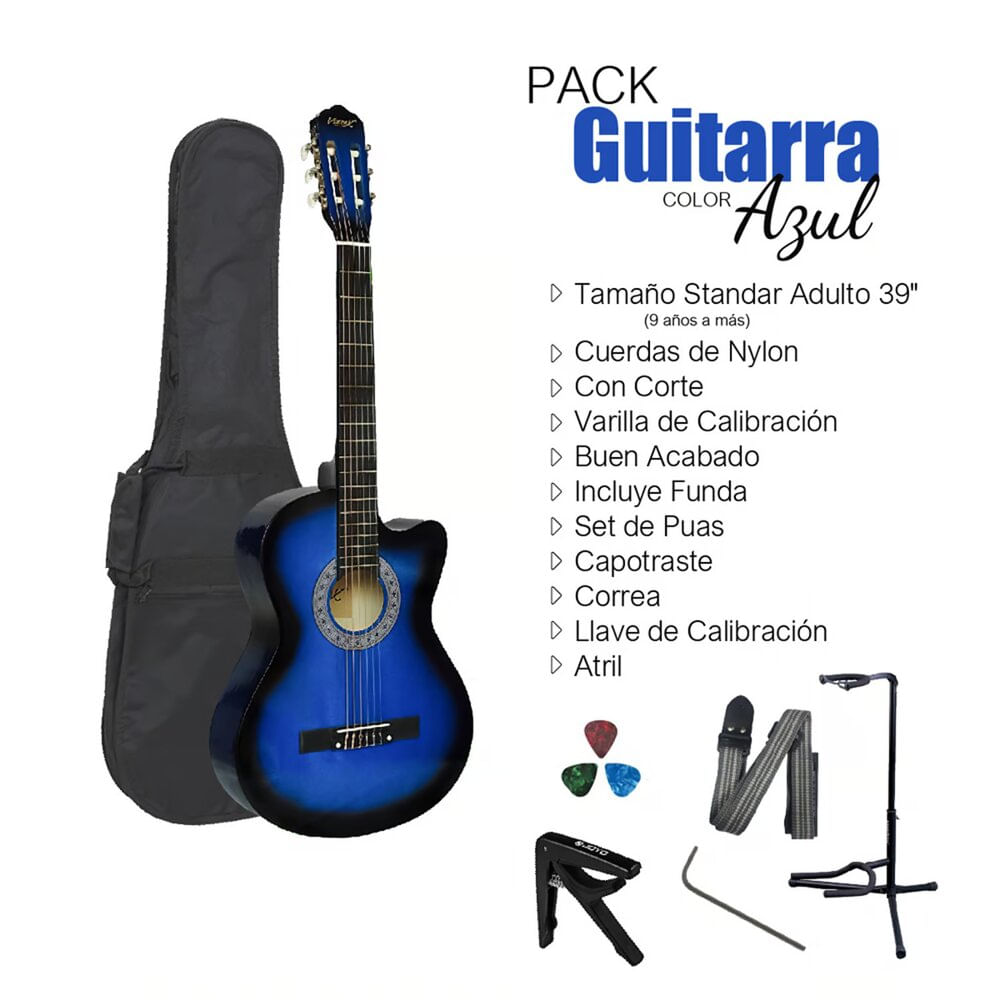 Imagen 2 del producto Pack de guitarra acústica Vozzex, nylon, Standar 39', azul