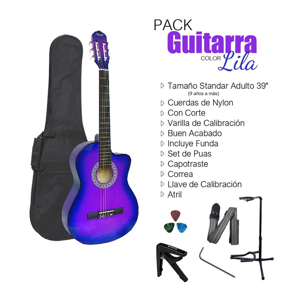 Imagen 2 del producto Pack de guitarra acústica Vozzex, nylon, 39"", principiantes, lila
