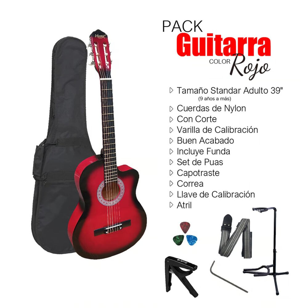 Imagen 2 del producto Pack de guitarra acústica Vozzex, nylon, versatilidad, cuerdas suaves, roja