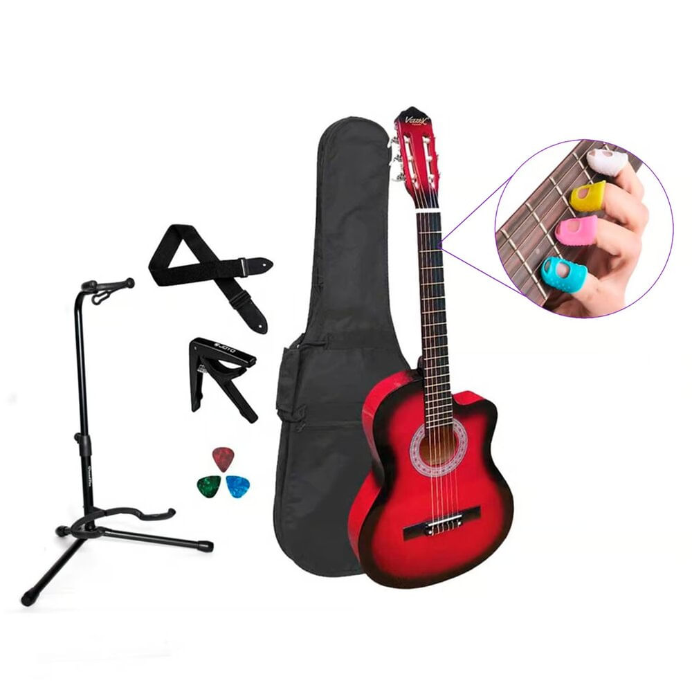 Pack de guitarra acústica Vozzex, nylon, versatilidad, cuerdas suaves, roja