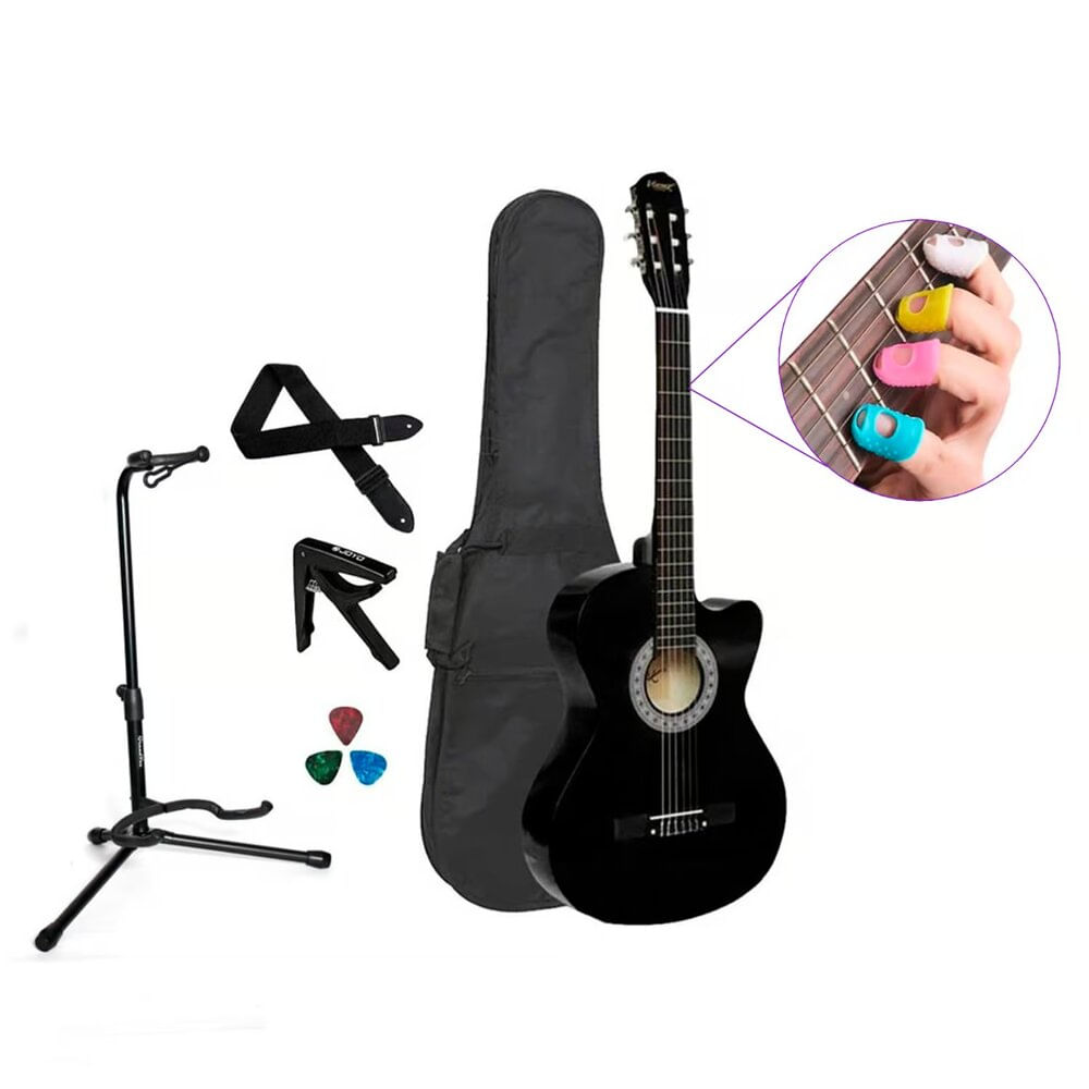Pack de guitarra acústica Vozzex, nylon, principiantes, cuerdas suaves, negro