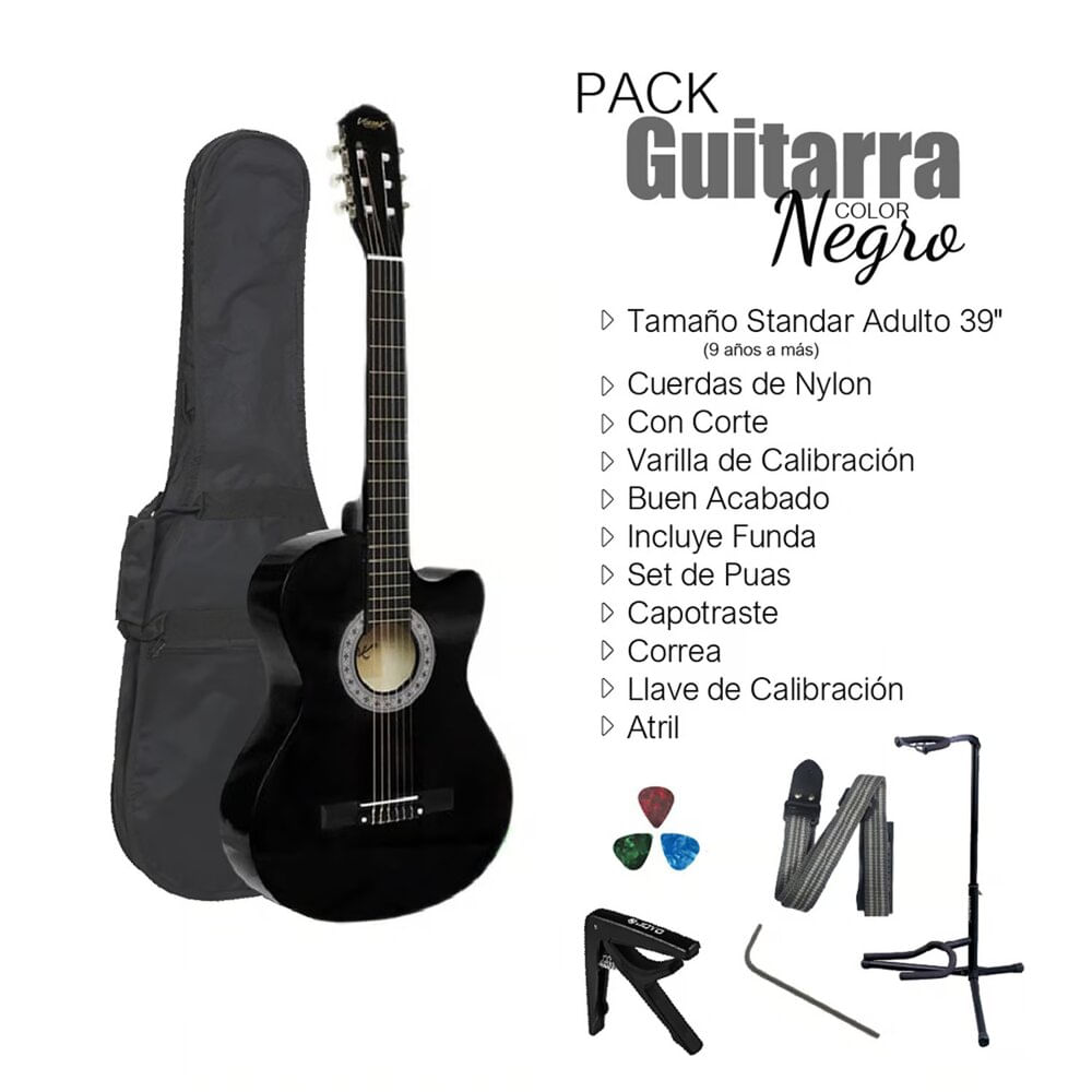 Imagen 2 del producto Pack de guitarra acústica Vozzex, nylon, principiantes, cuerdas suaves, negro