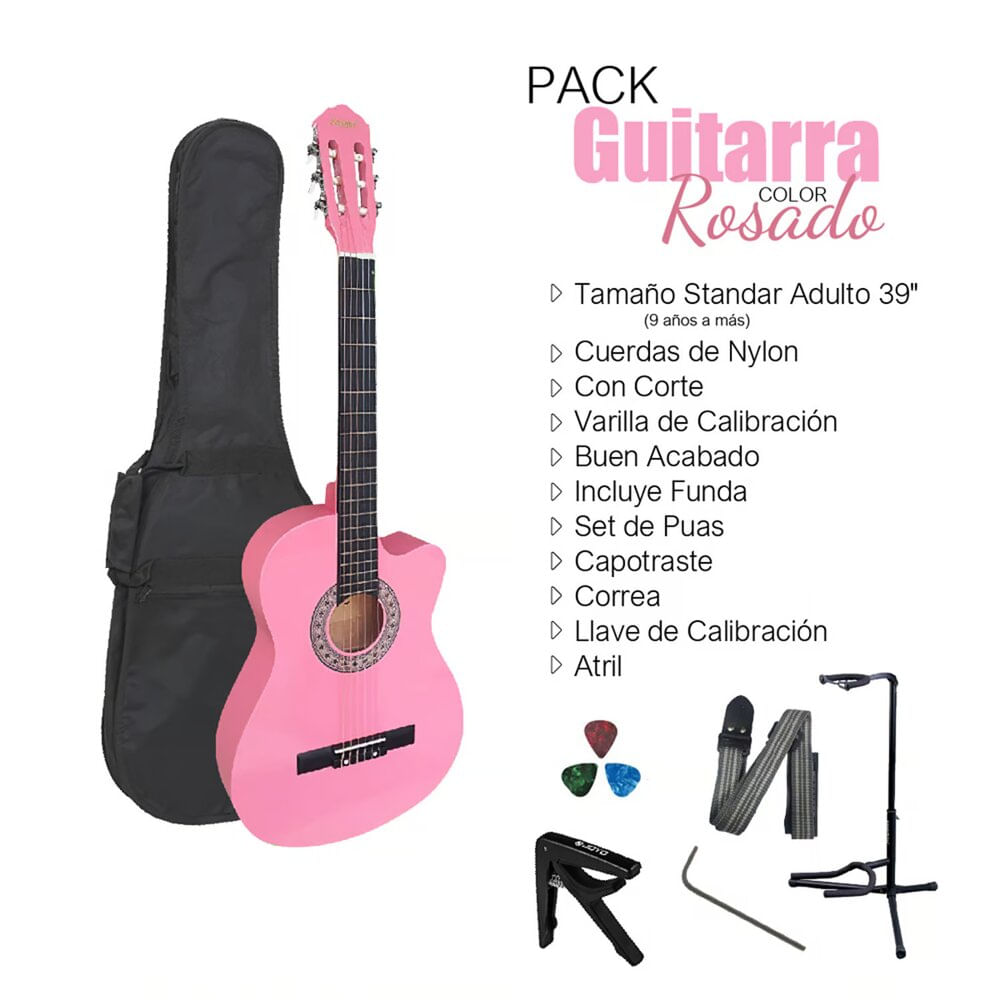 Imagen 2 del producto Pack de guitarra acústica Vozzex, nylon, llave de calibración, rosada