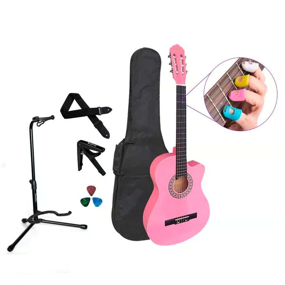 Pack de guitarra acústica Vozzex, nylon, llave de calibración, rosada