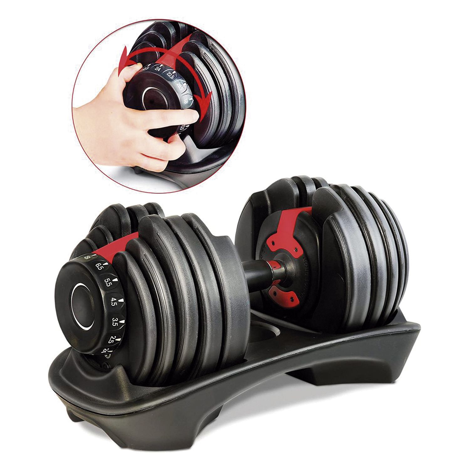 Mancuernas ajustables Sport Fitness 2.5 a 24kg x2, 48kg total, sistema de ajuste rápido, diseño compacto y ergonómico, rojo