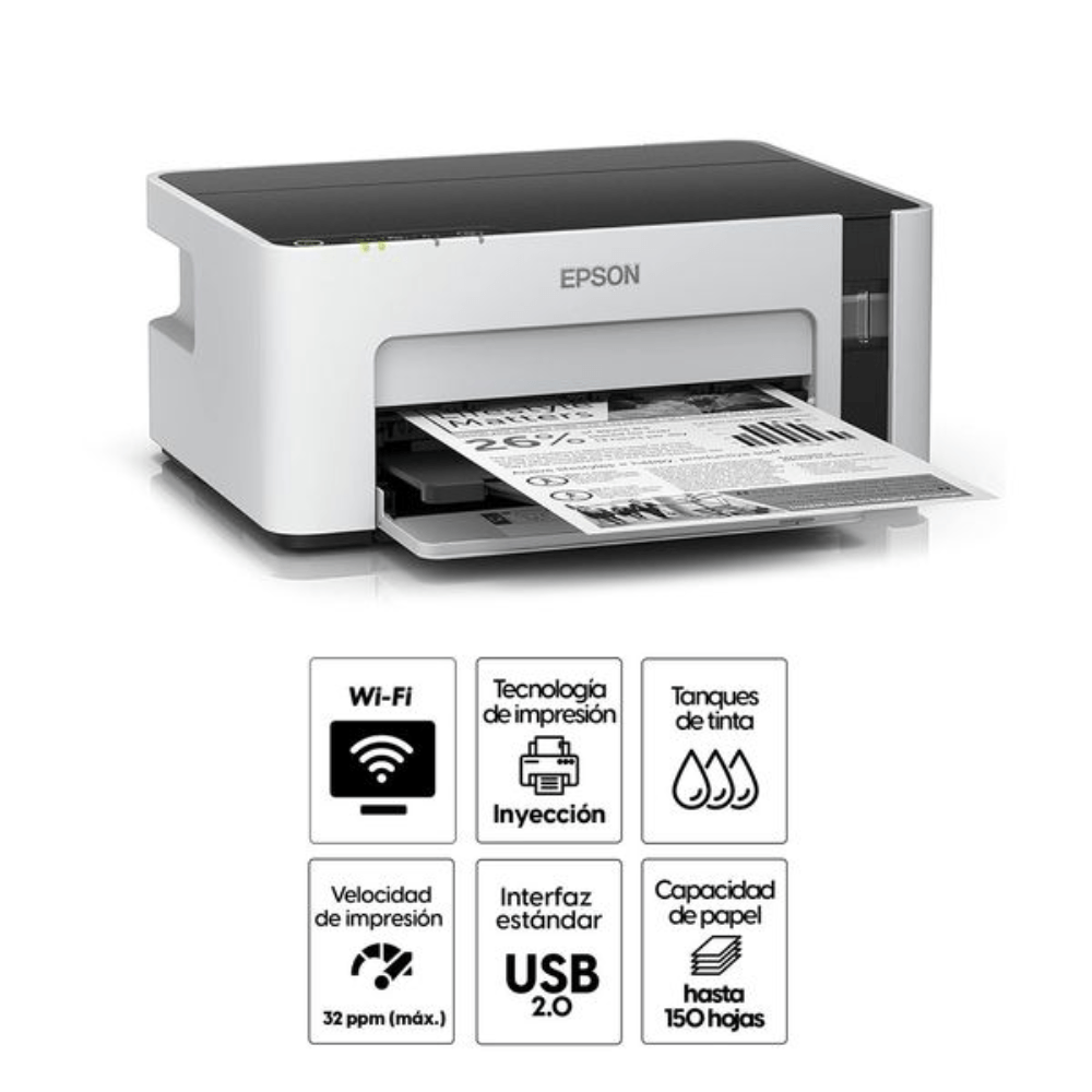 Imagen 2 del producto Impresora Epson M1120 monocromática, Wi-Fi, 32PPM, inalámbrica, tecnología de inyección, tintas incluidas