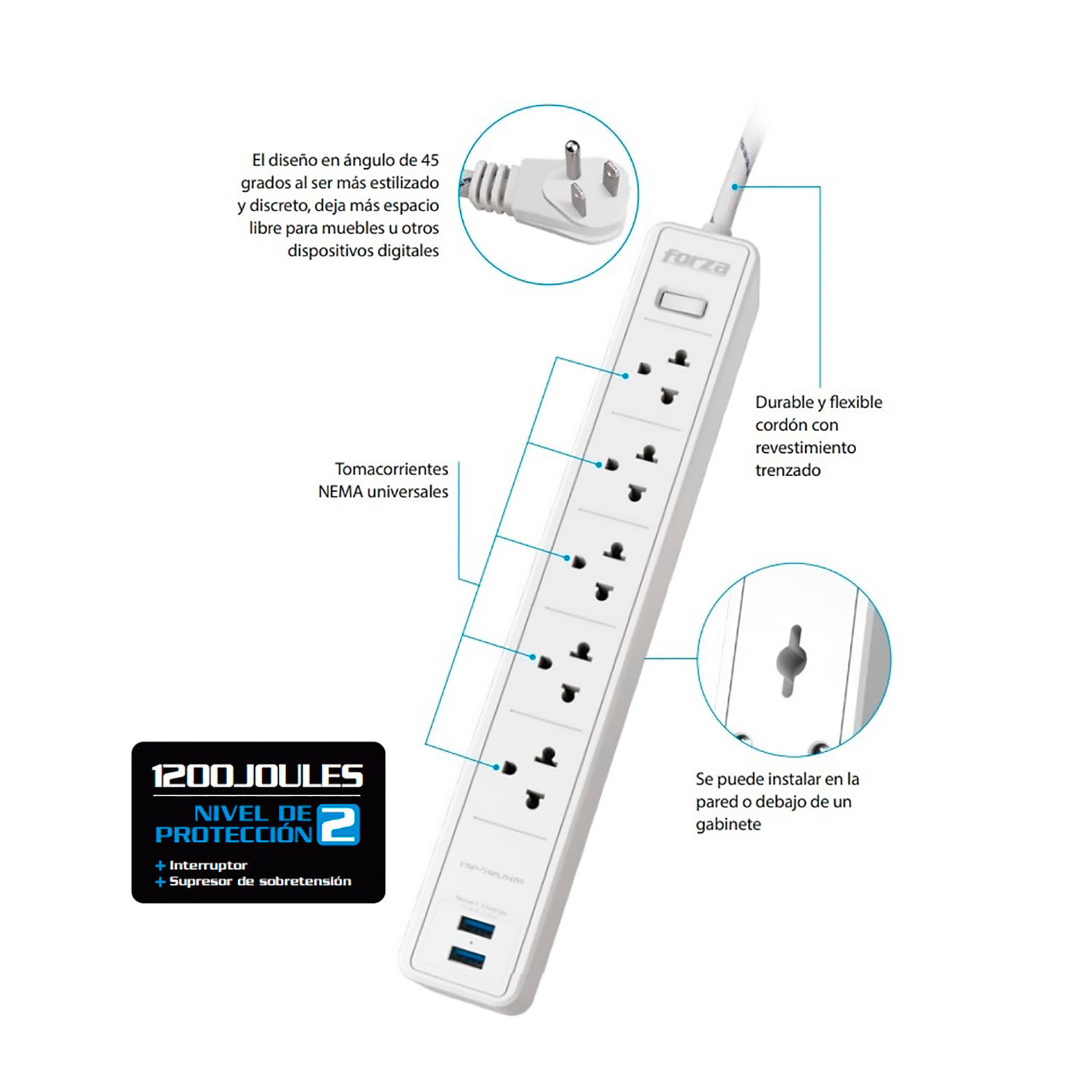 Imagen 2 del producto Supresor de picos Forza FSP-512USBW, 220V, 1540W, 5 tomas, 2 puertos USB, blanco