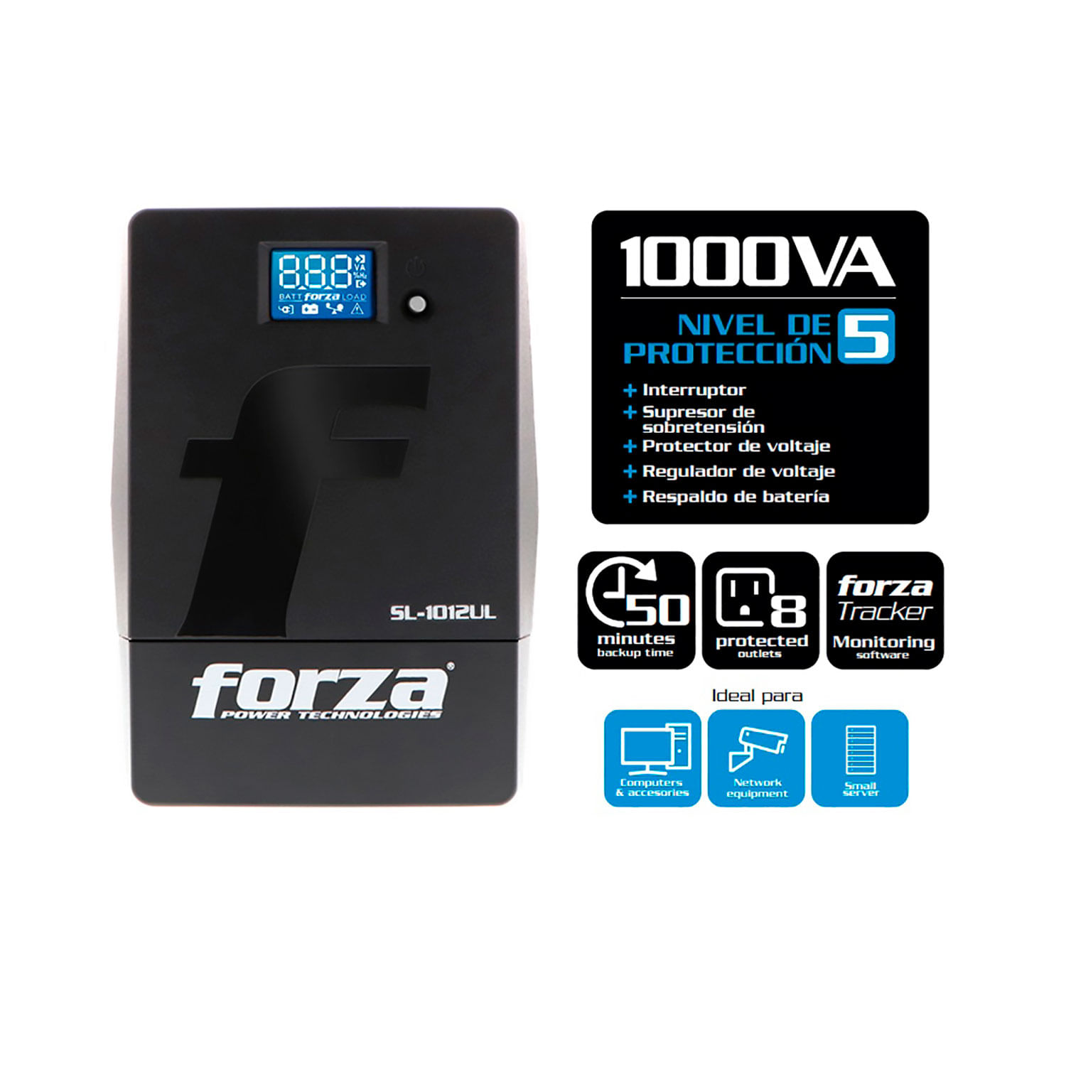 Imagen 2 del producto Estabilizador UPS Forza SL-1012UL, 1000VA, 600W, 220V, 8 salidas, pantalla LCD, negro