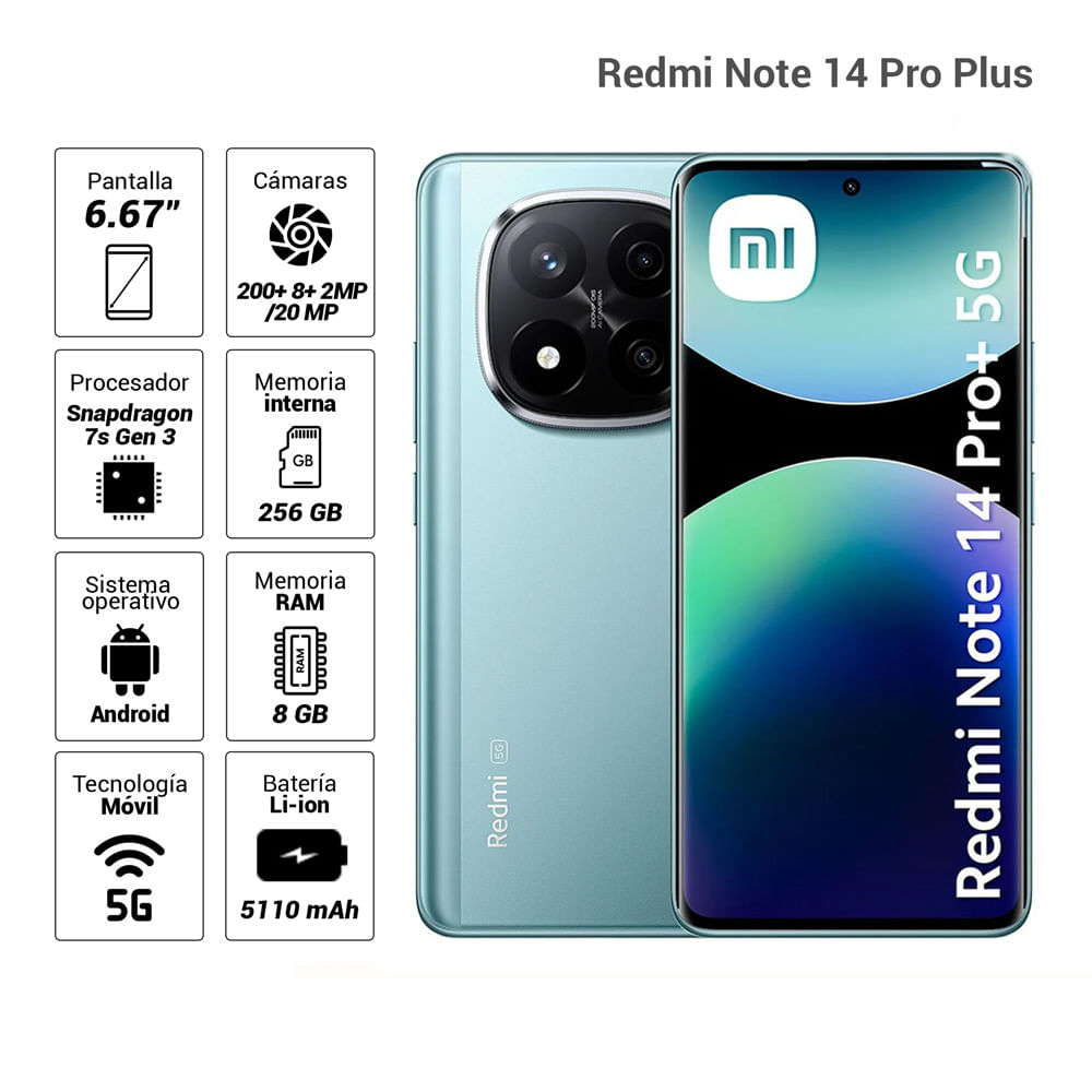 Imagen 2 del producto Celular Xiaomi Redmi Note 14 Pro Plus 5G 256GB, 8GB RAM, cámara trasera 200MP y frontal 20MP, 6.67'', azul