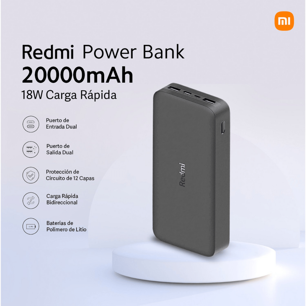 Imagen 2 del producto Batería externa Xiaomi Redmi 20000 mAh,  micro usb, 2 puertos usb, tipo c, 18W, carga rápida, negro