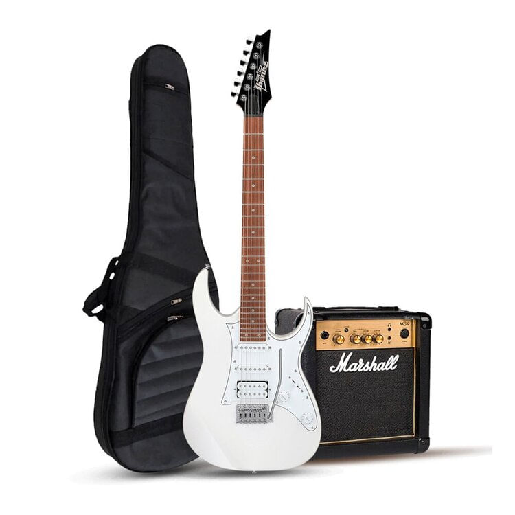 Guitarra eléctrica Gio GRG140, mástil maple + Marshall 10W, blanco
