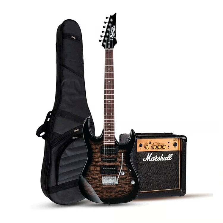 Guitarra eléctrica Gio GRX70QA transparente black burst + Marshall 10W
