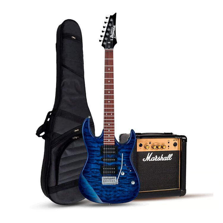 Guitarra eléctrica Gio GRX70QA transparent blue burst + Marshall 10W