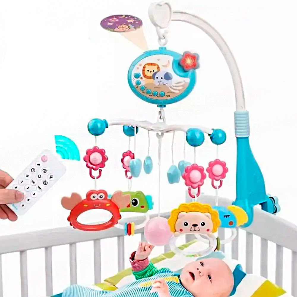 Móvil para cuna león con proyector y control remoto, celeste