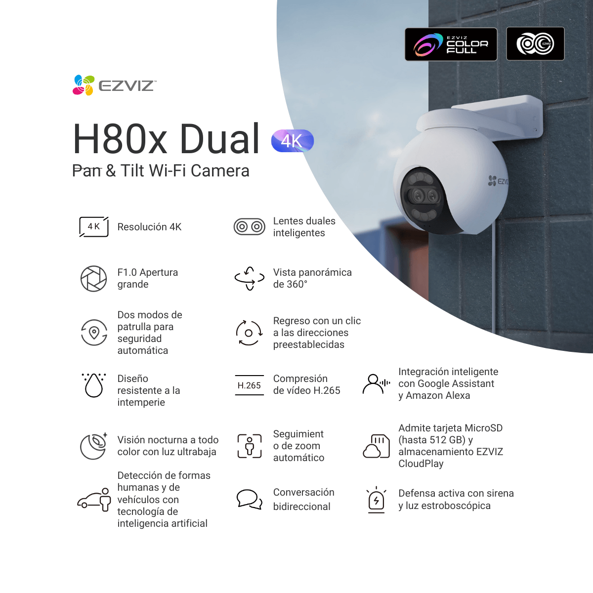 Imagen 2 del producto Cámara de seguridad Ezviz H80X, Dual 4K, para exteriores, bidireccional, blanco