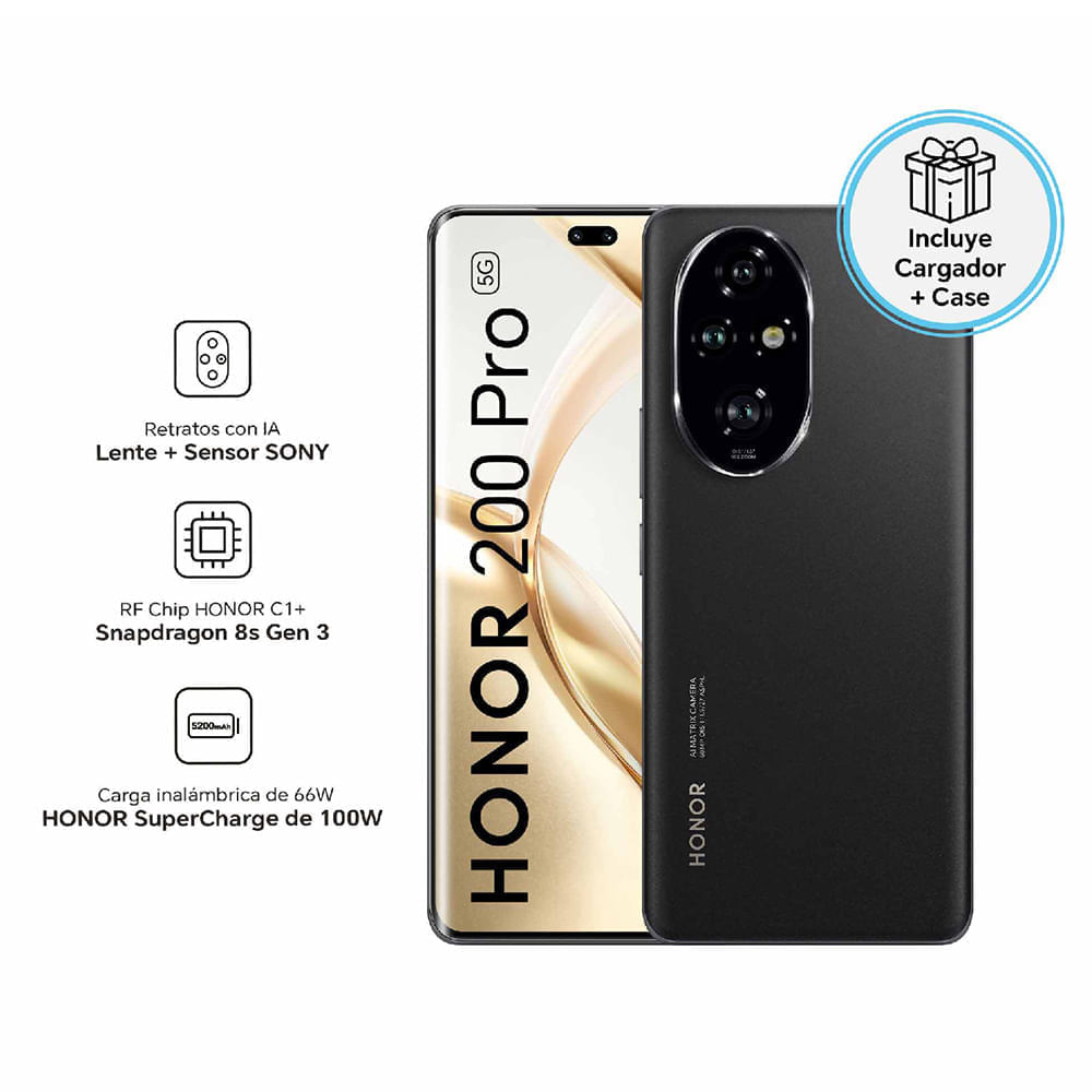 Imagen 2 del producto Celular Honor 200 Pro 512GB, 12GB RAM, cámara trasera 50MP y frontal 50MP, 6.78"", negro + Cargador/Case de regalo