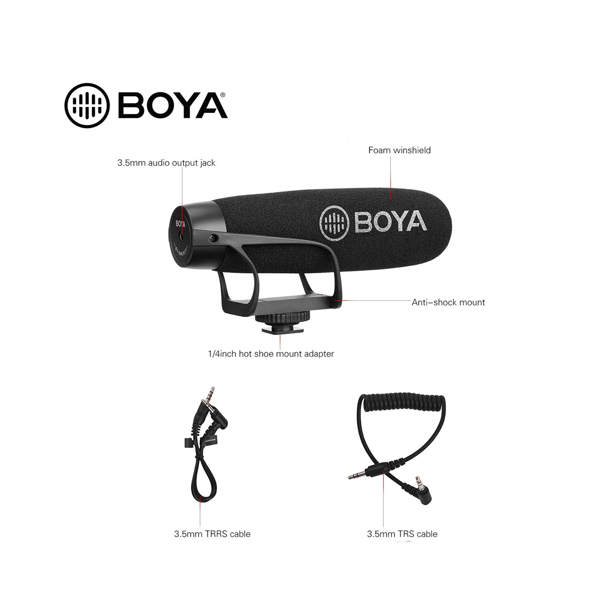 Imagen 2 del producto Micrófono BOYA BY-BM2021 Shotgun, supercardioide, sin batería, TRRS/TRS 3.5mm, compatible con cámaras y smartphones, negro
