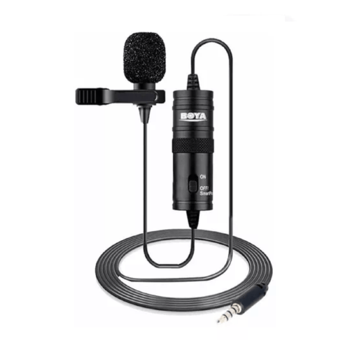 Micrófono BOYA BY-M1 Lavalier, omnidireccional, cable 6 metros, TRRS 3.5mm, batería LR44, compatible con cámaras y smartphones, negro