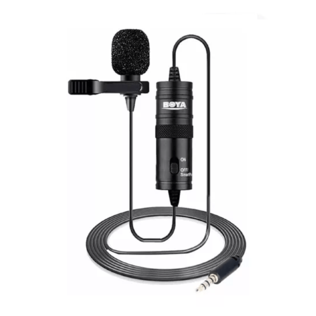 Micrófono BOYA BY-M1 Lavalier, omnidireccional, cable 6 metros, TRRS 3.5mm, batería LR44, compatible con cámaras y smartphones, negro