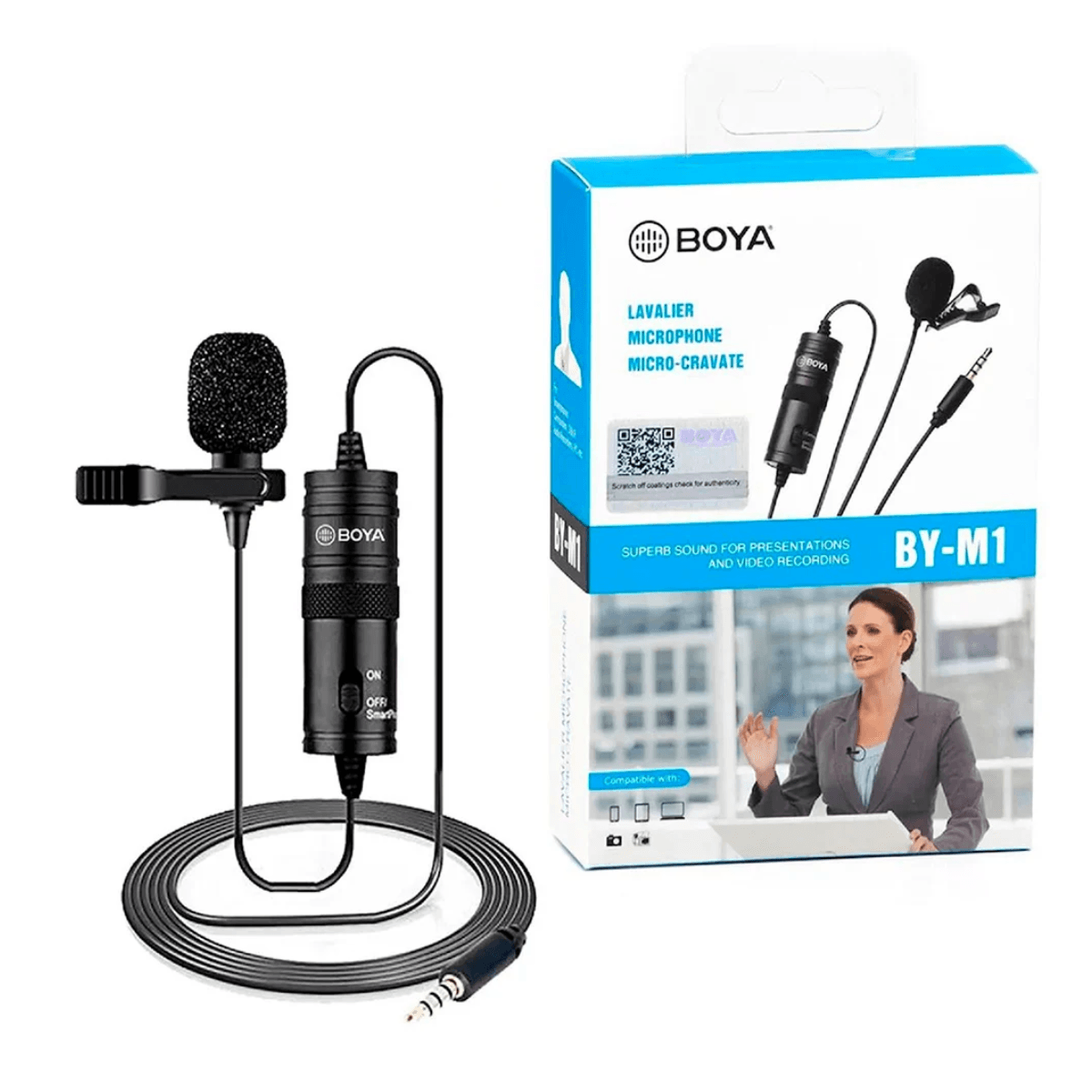 Imagen 2 del producto Micrófono BOYA BY-M1 Lavalier, omnidireccional, cable 6 metros, TRRS 3.5mm, batería LR44, compatible con cámaras y smartphones, negro